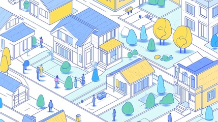 Colorful illustration of a suburban neighborhood with people engaging in various activities on a sunny day