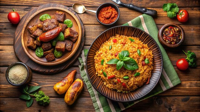 jollof rice, fufu, suya, and plantains, arranged on a wooden table, surrounded by African patterns and utensils.