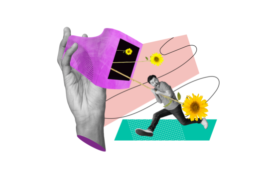 Creative poster collage of hand hold retro vintage device computer device run pulling sunflower stem blooming blossoming manager