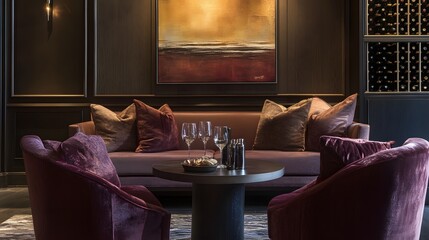 A plush seating area with deep tones and a selection of fine wines