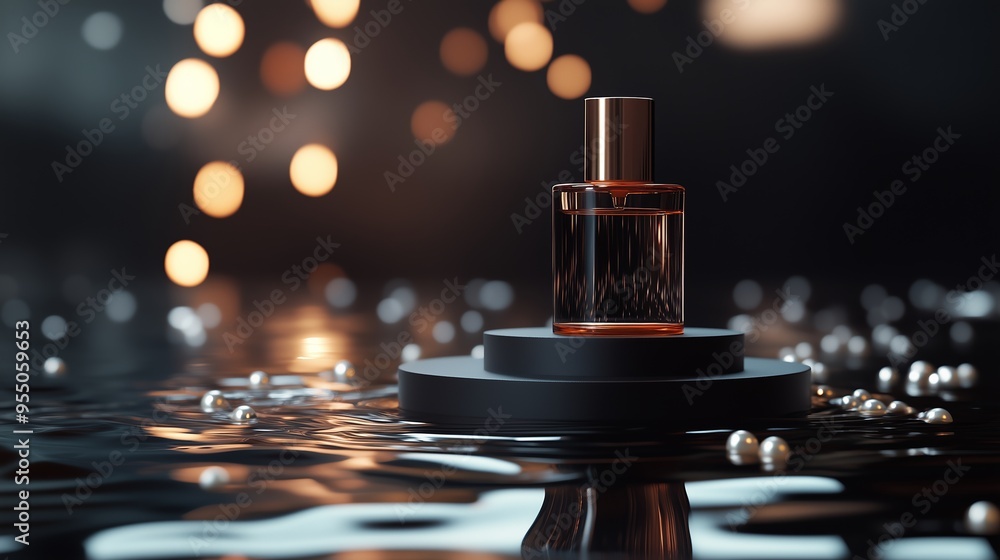 Poster elegant perfume bottle resting on a pedestal surrounded by shimmering pearls and soft bokeh lights i