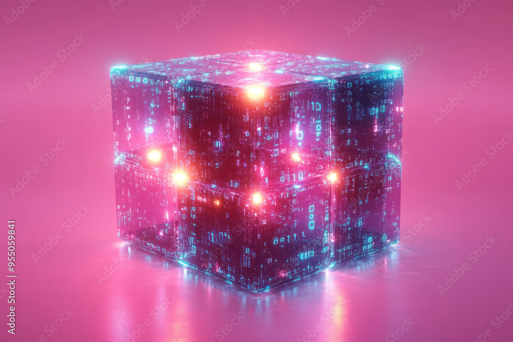 Poster a rotating cube made of glowing binary digits that shift and change as it spins, isolated on a paste