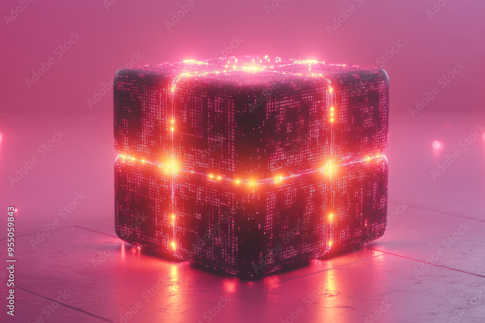 Poster a rotating cube made of glowing binary digits that shift and change as it spins, isolated on a paste