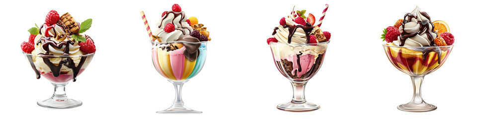 A delightful assortment of ice cream sundaes adorned with fresh fruits and toppings, perfect for summer desserts.