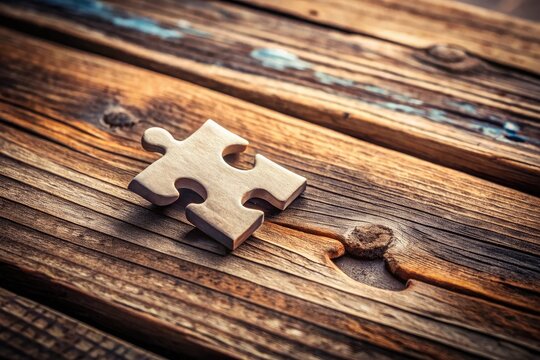 A puzzle piece perfectly fits into place, surrounded by scattered remains, on a rustic wooden table, symbolizing clarity, resolution, and successful problem-solving in a serene environment.