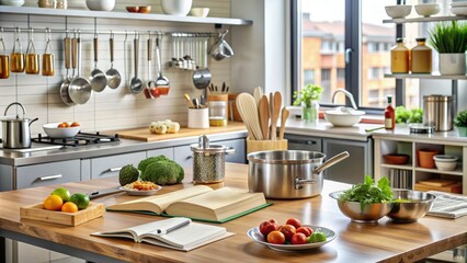 Kitchen workstation set with utensils, ingredients, and recipe books, ideal for culinary students, chefs, or food enthusiasts to learn and practice cooking techniques.