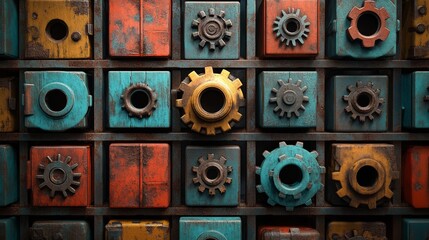 Fototapeta premium A steampunk-inspired scene of a pallet loaded with colorful metallic crates, gears and cogs subtly embedded, symbolizing an industrial inventory system, Steampunk, Metallic, 3D Illustration