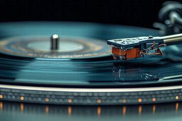 A detailed view of a turntableâ€™s tonearm and cartridge, isolated on a pastel gray background,