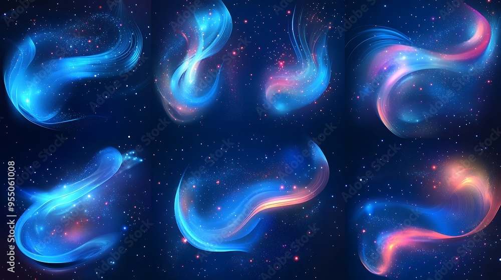 Poster radiant ruby light effect vector set on royal blue background with swirling patterns and celestial b
