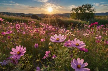 Obraz premium Landscape of a field of pink flowers, blue sky with bright sun in the background.