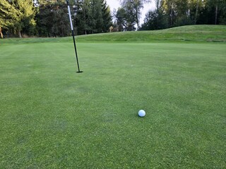 Close-up of a golf ball on grass with a blurred flagstick and green area in the background.