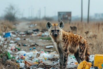 Obraz premium A Hyena Standing in a Pile of Trash