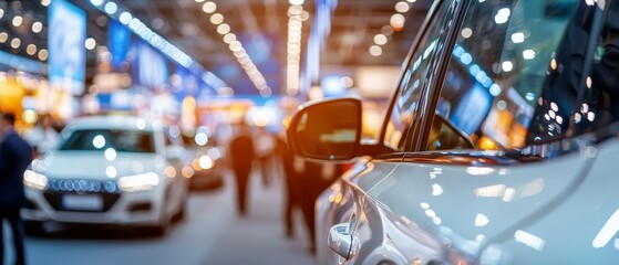 modern automotive showroom sleek car design with blurred background of visitors and lights.