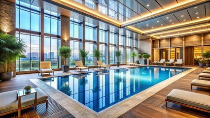Luxurious hotel amenities include sparkling outdoor pool, state-of-the-art fitness center, and modern lounge area, offering guests a relaxing and rejuvenating experience.