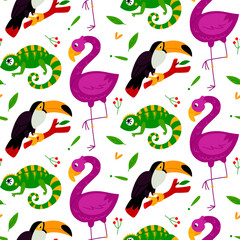 A pattern with Mexican animals, birds and a lizard. Flamingos, chameleon, toucan and plants flowers and berries. A flat colored texture, hand-drawn in bright colors. elements in a seamless texture