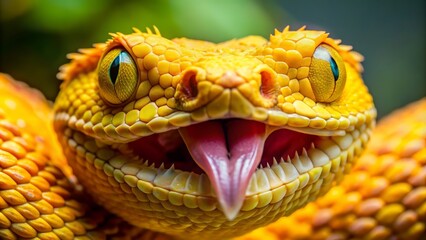 Fototapeta premium Macro image of a venomous eyelash viper snake's head, showcasing its bright yellow scales, sharp fangs, and distinctive eyelash-like protrusions above its eyes.