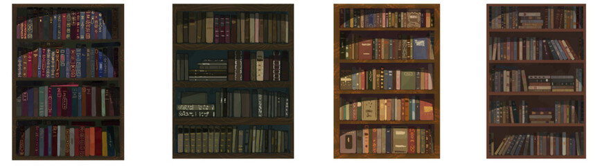 Set of illustrations of a bookcase with books, textbooks. Seamless pattern