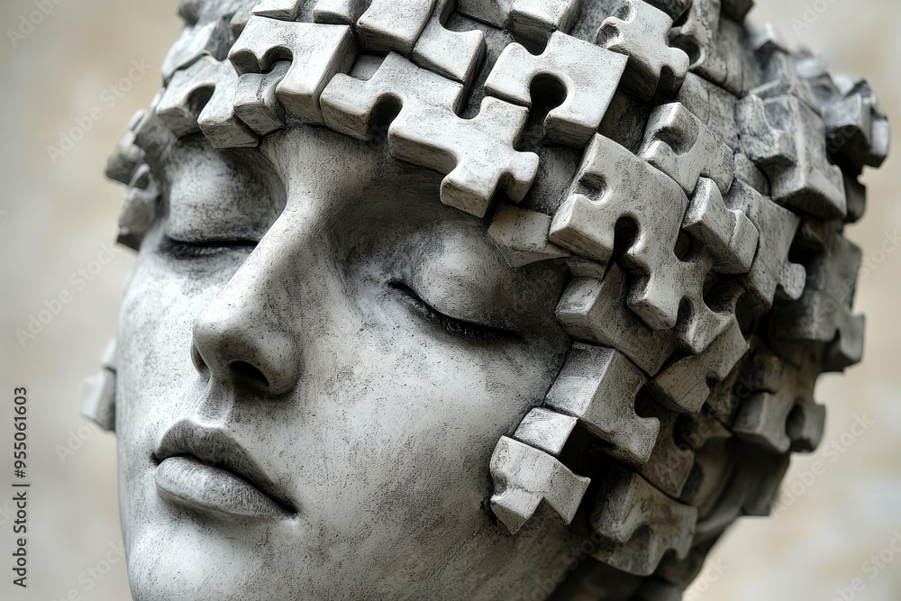 Poster cortical synchronization cognitive science stone sculpture of womans head with puzzle pieces integra