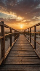 Obraz premium Wooden deck that goes down to the beach sand, low vegetation on the side, sunset in the background.