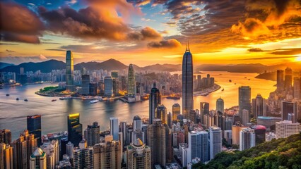 Obraz premium Magnificent panorama of Hong Kong's towering skyscrapers, bustling streets, and vibrant cityscape at sunset, with Victoria Harbour's calm waters reflecting the urban grandeur.