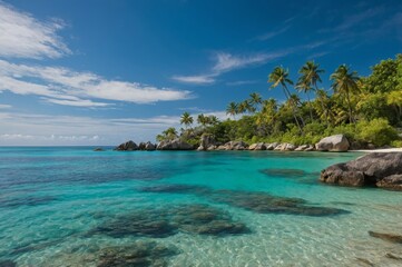 Tropical beach with stunning scenery, palm trees, crystal clear water and blue sky.