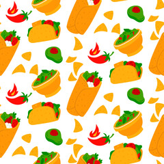Colored flat pattern of tacos, burritos, peppers, guacamole, nachos, avocado. Fast food with various fillings. Mexican spicy cuisine, Latin American fast food. Bright colored seamless texture. Yellow