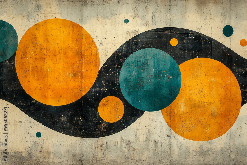 Aufkleber a 1950s-inspired atomic pattern background with abstract shapes in teal and mustard, isolated on a p