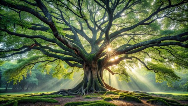 Majestic ancient tree with sprawling branches and roots stands tall amidst a serene natural landscape with lush greenery and misty atmosphere.