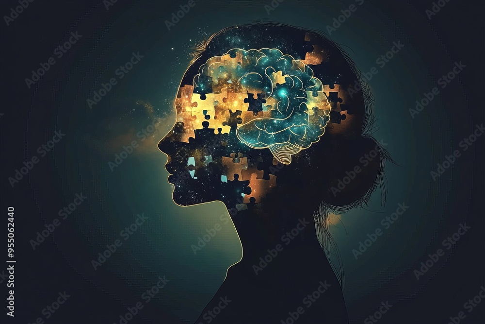 Poster shared brain activity cognitive science silhouette of a head with glowing puzzle pieces symbolizing 