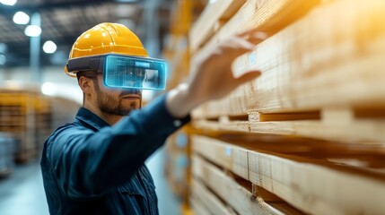 A worker in a modern warehouse inspects a wooden pallet with augmented reality glasses, scanning for damage, holographic overlays highlighting areas of concern, futuristic style, neon accents