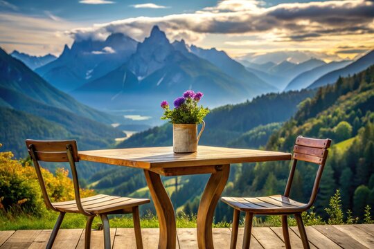A serene wooden table overlooks a majestic mountain landscape, with a delicate vase and a single chair sitting poised, encompassing a sense of tranquility.