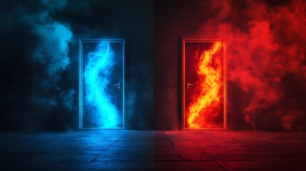 Naklejka premium Portal to Parallel Realms - Surreal Concept with Glowing Red and Blue Doors in Cinematic Setting
