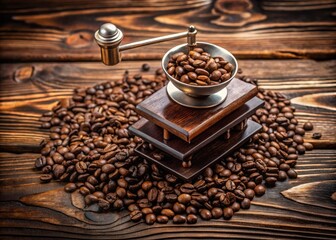 A shiny metal balance scale sits atop a rustic wooden table, surrounded by scattered coffee beans, evoking a sense of harmony and measured precision.