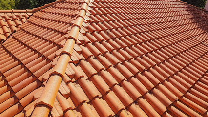 Clay tile roof. Banner with orange clay tile roof close-up on blue sky background with space for text, copy space.