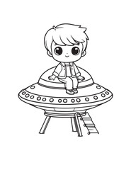 Fototapeta premium Illustration Coloring draw child playing boy playing in mini ufo black and white version good for kids