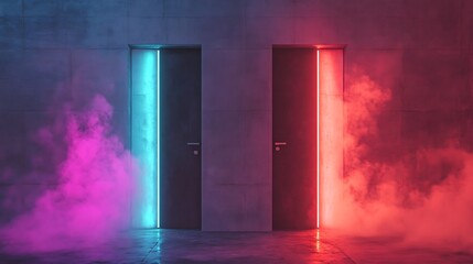 Dual Modern Concrete Doors: Turquoise Glow and Crimson Fire - Cinematic Hyper-realistic Scene with Smoke