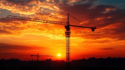 Construction Crane Silhouette Against a Dramatic Sunset
