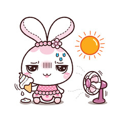 Cute Bunny eat ice cream and sits on floor near electric fan, in hot weather during summer season. Kawaii cartoon style.	