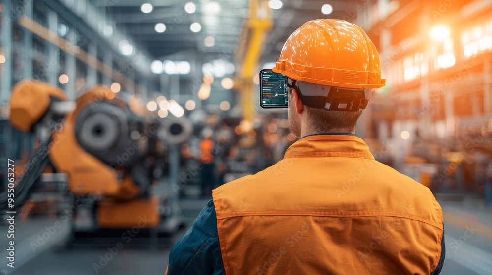 Poster industrial worker utilizing smart technology for manufacturing efficiency and automation in modern f