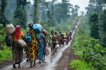 Obraz premium Women Walking on Rural Pathway with Heavy Loads in Lush Green Landscape