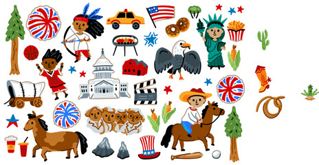 Statue of Liberty, Capitol, flag, eagle. For maps and children designs. Travel landmarks illustrations. Cartoon style. Childish. July 4th. Set of Independence Day American elements. Symbols of USA.