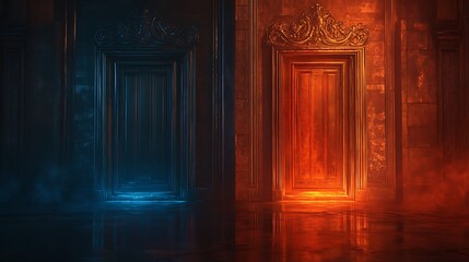 Ethereal Bronze Doors: Contrasting Sapphire and Fiery Glow in Symmetrical Cinematic Setting