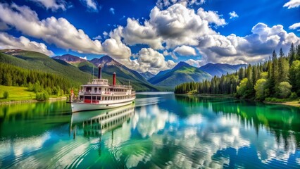 Fototapeta premium Majestic white steamboat chugs along serene turquoise lake surrounded by lush green mountains under a brilliant blue sky with puffy white clouds.