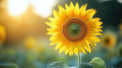 Fototapeta premium A single sunflower blooms in a field at sunset.