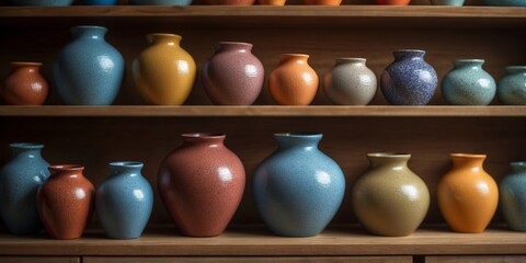 Colorful pottery displayed on wooden shelves.