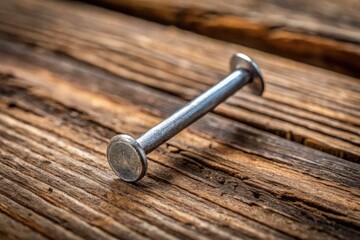 A small metal fastener with a sharp point and flat head, used for attaching or repairing various objects, lies isolated on a rustic wooden background.