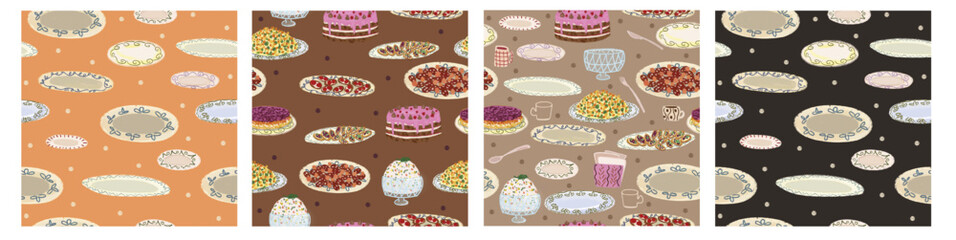 Set of seamless patterns for cafes and restaurants. Patterned plates of food, dishes for the menu.