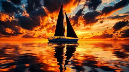 A tranquil sailing scene at sunset, with a silhouetted sailboat reflecting on calm waters under a vibrant sky.