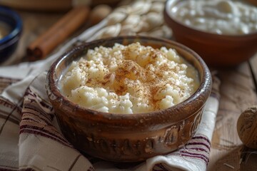 A serving of rizogalo, a creamy rice pudding sprinkled with cinnamon, served in a rustic ceramic bowl.