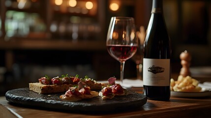 A refined atmosphere with deep red tones and a selection of gourmet tapas